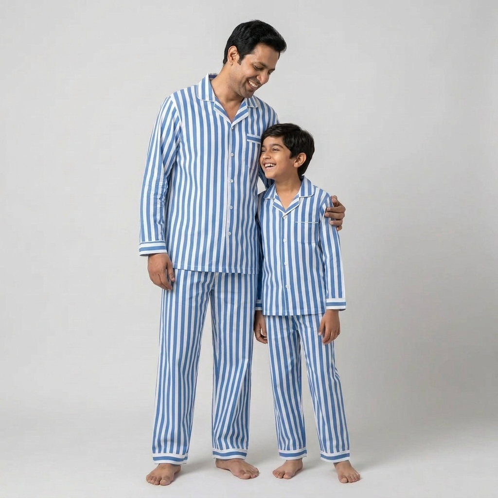 Indigo Blue Stripes Dad Son Matching Pajamas