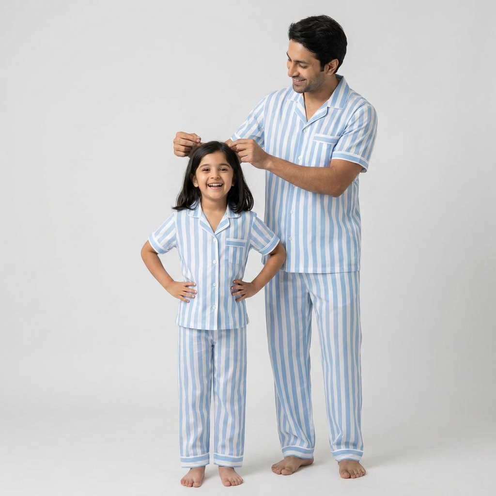 Sky Blue Stripes Dad Daughter Matching Set