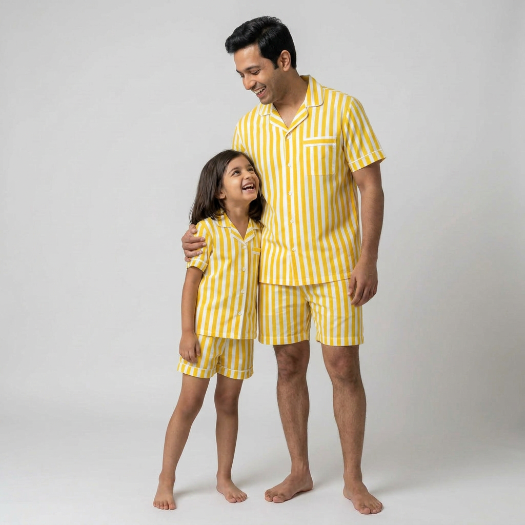 Yellow Bold Stripes Father Daughter Shorts Set