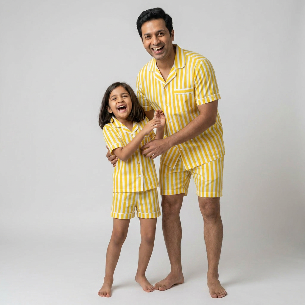 Yellow Bold Stripes Father Daughter Shorts Set