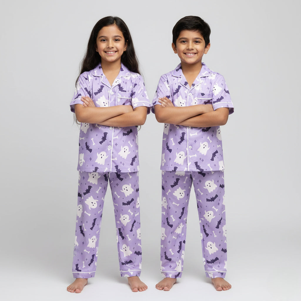 Siblings in Boo Crew matching pajama set, purple ghost-themed nightwear.