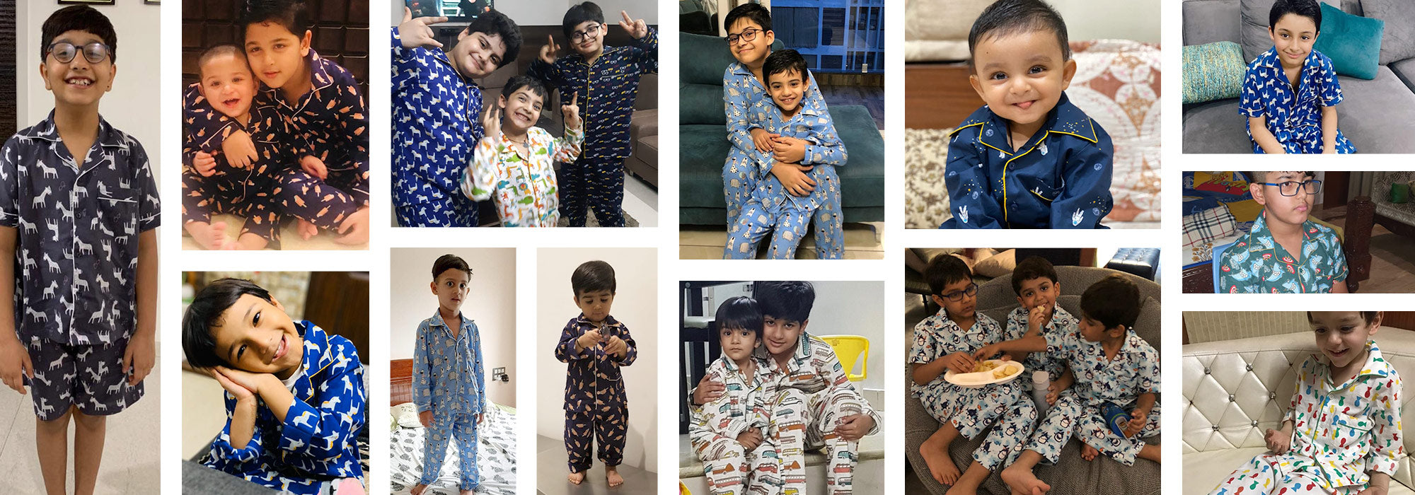 Collage of children wearing pajamas in various patterns and styles.