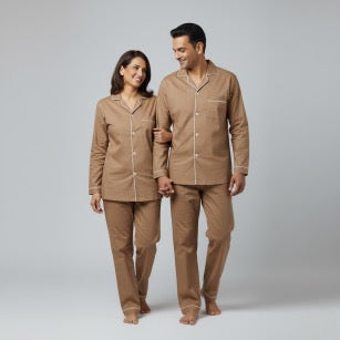 Brown matching couple pajamas in warm neutral tones