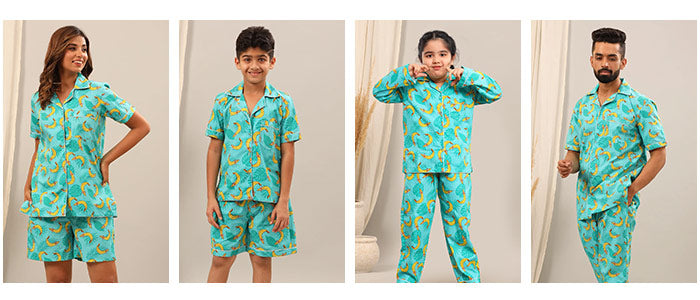 Dad Mom Son and Daughter in same print matching night suits