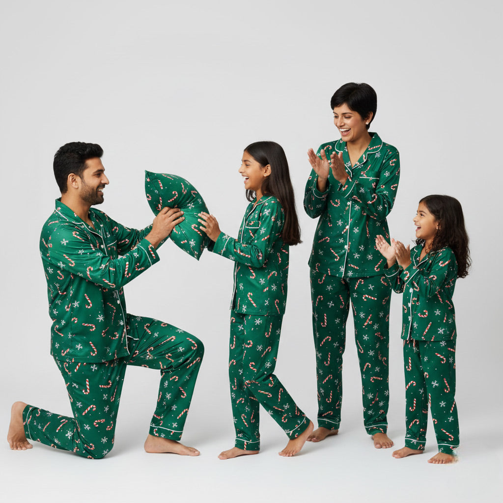 Family in candy cane snow matching pajamas, festive coordinated holiday set.