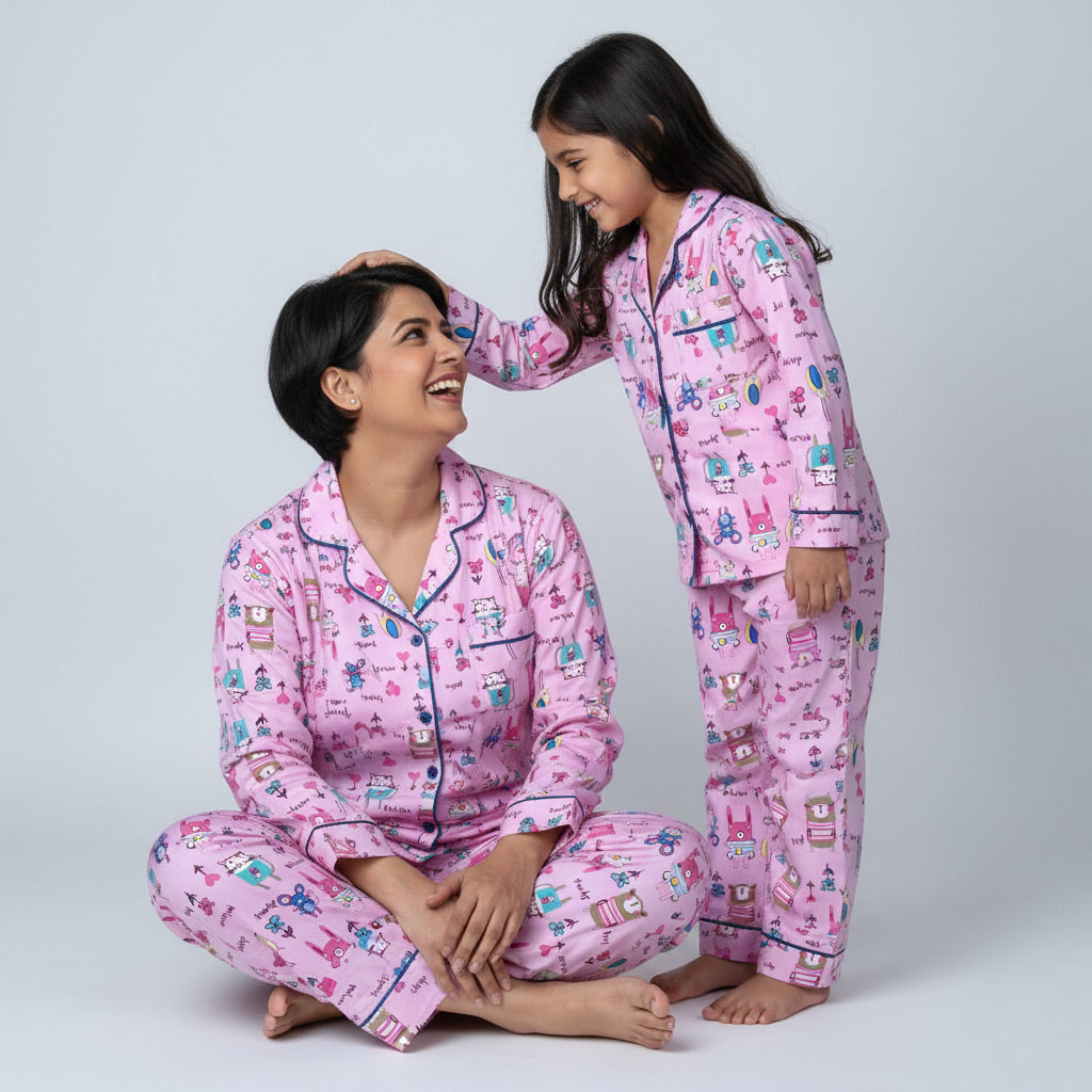 Mother and daughter in Cat Meow print matching pajama set, cute coordinated nightwear.