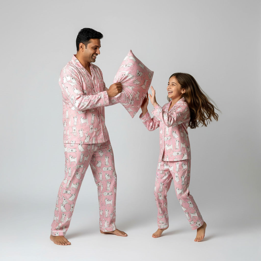 Father and daughter in cat print matching pajama set, playful coordinated nightwear.