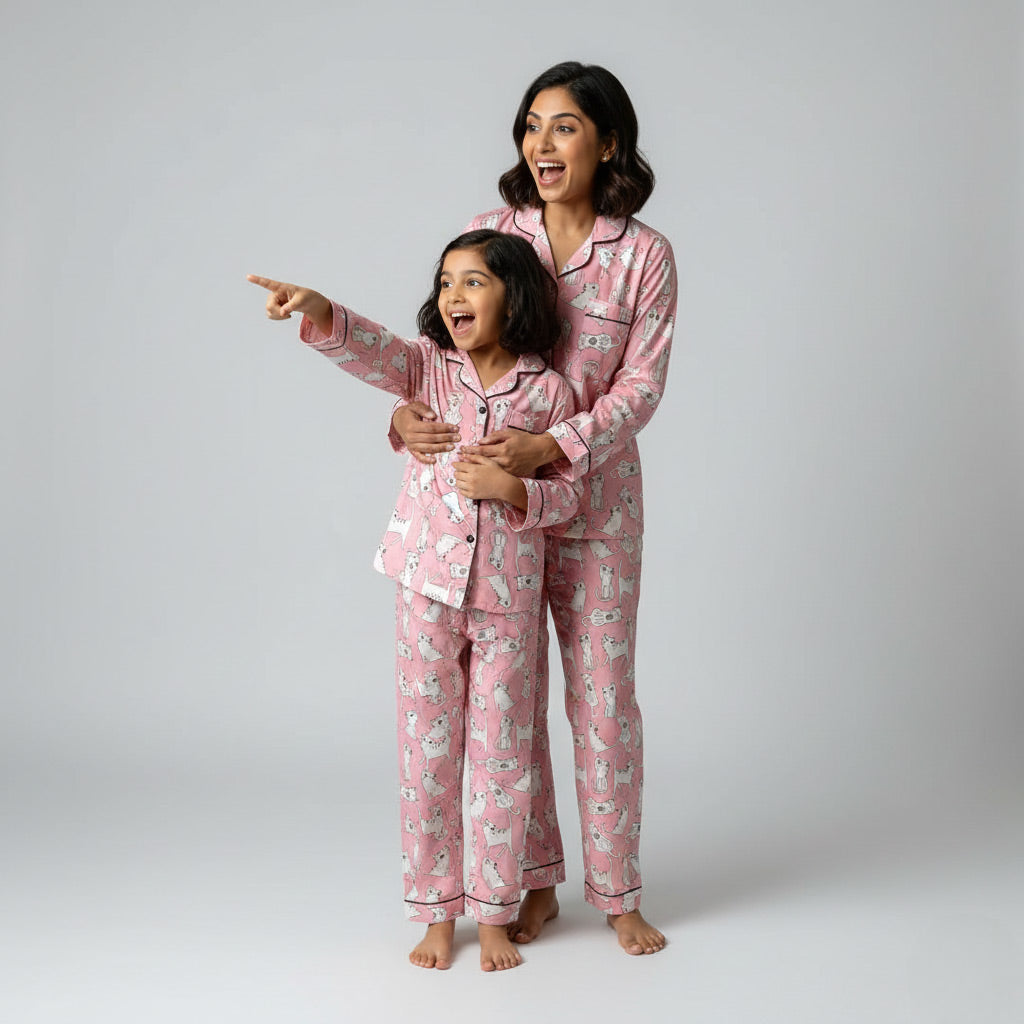Mother and daughter wearing cat print matching pajamas, playful coordinated nightwear.