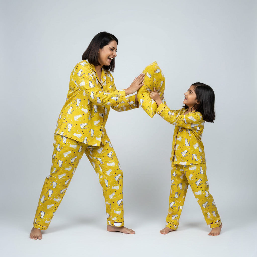 Mother and daughter wearing cheetah tribe matching pajamas, bold animal print coordinated nightwear.