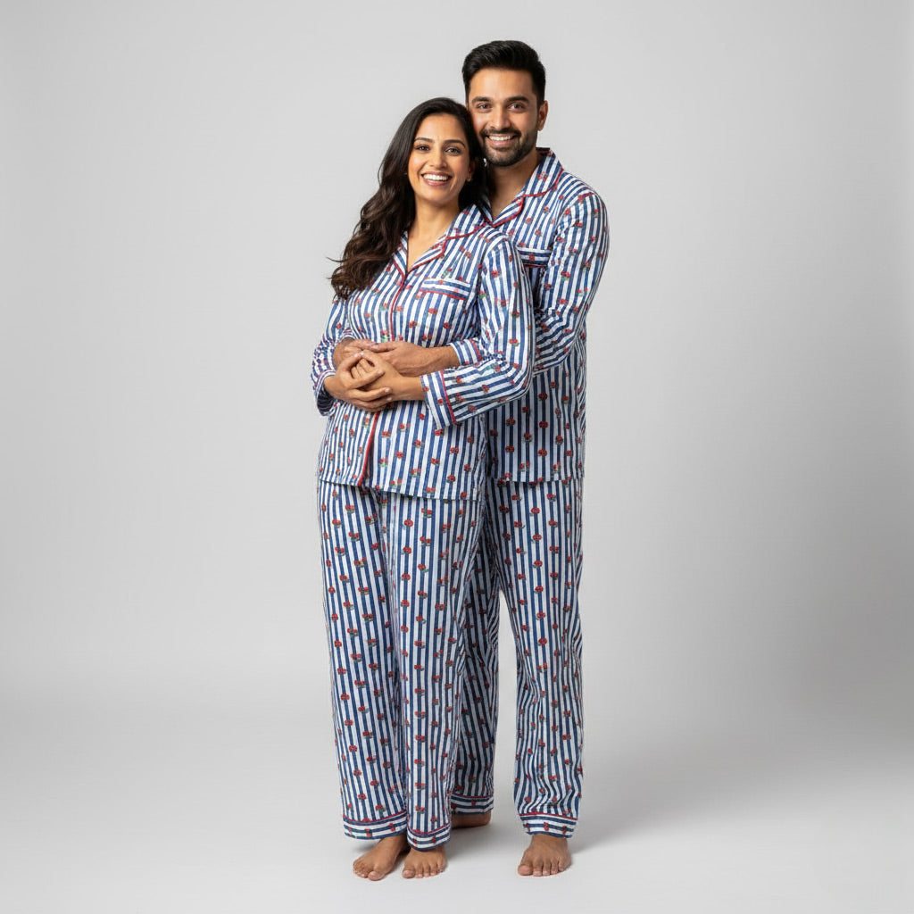 Couple wearing cherry stripes matching pajamas, cute coordinated printed sleepwear.