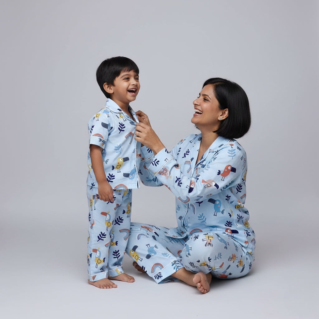 Mother and son in Chirpy Sleep matching pajamas, cheerful coordinated nightwear.