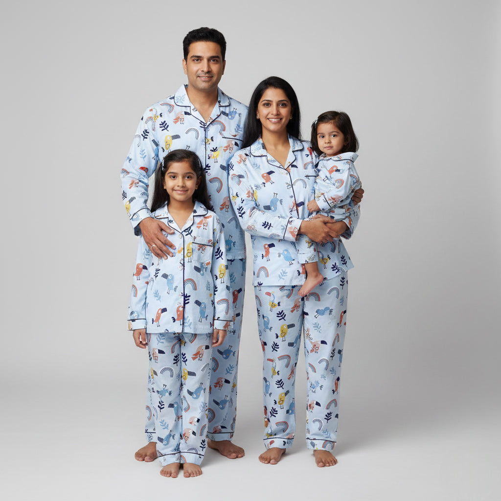 Chirpy Sleep print matching family cotton pajamas set