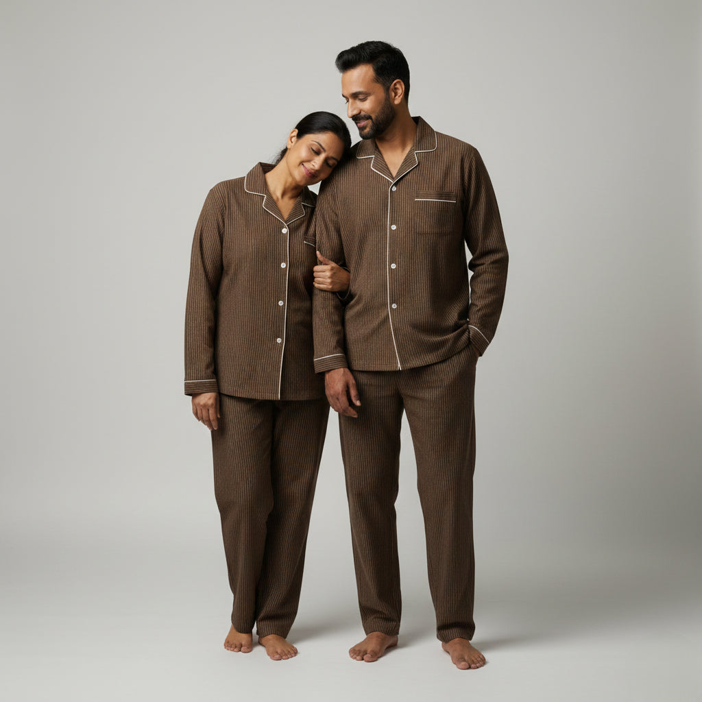 Matching couple cotton pajamas in chocolate brown stripe pattern.