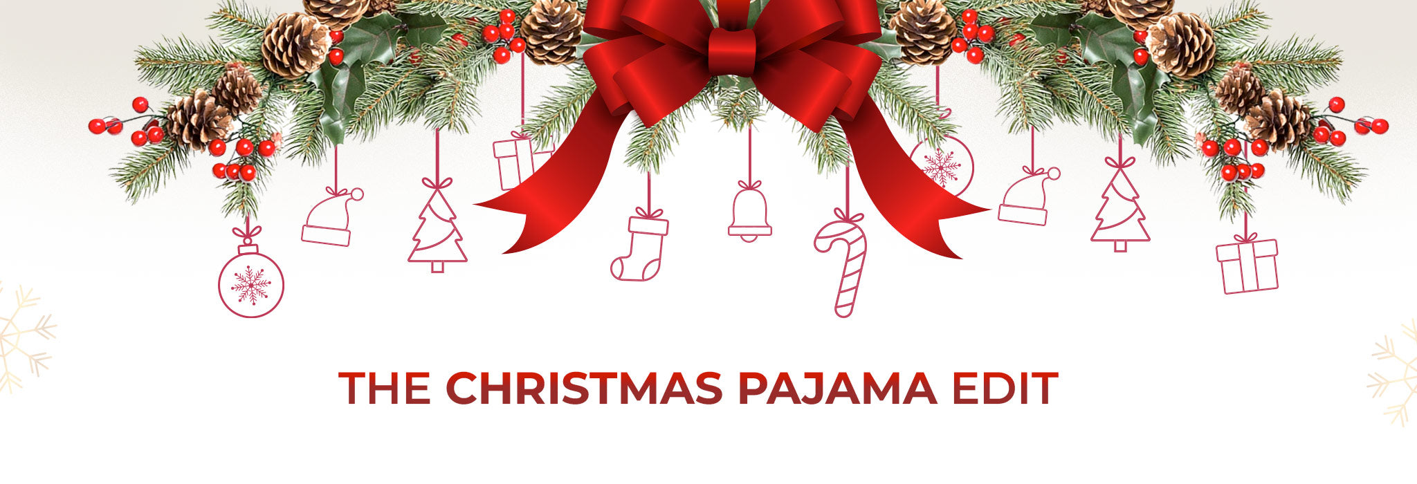 Decorative Christmas-themed banner with a red bow, pine cones, and holiday elements on a white background.