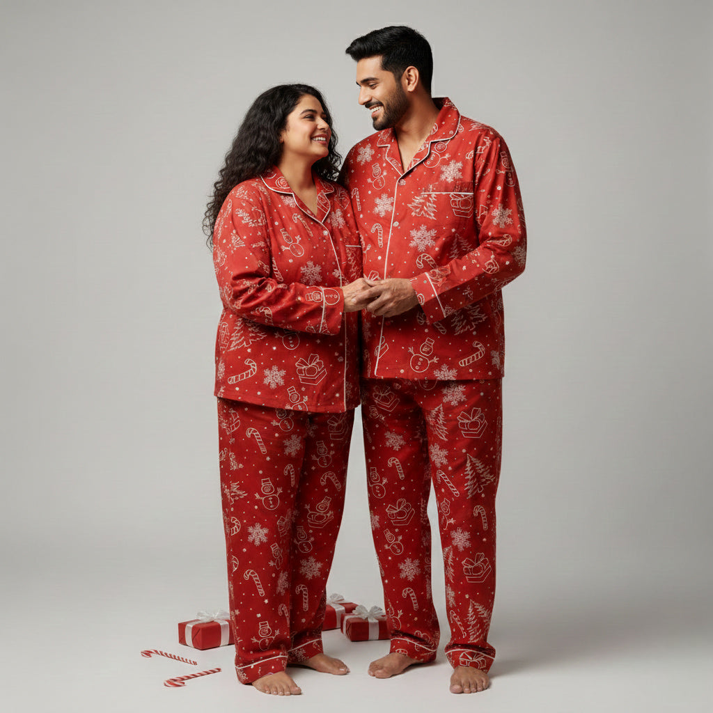 Two people wearing red pajamas with festive patterns on a plain background