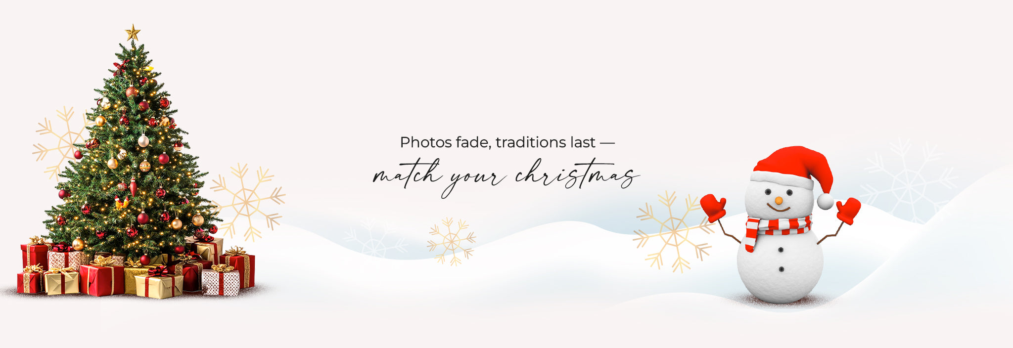 Decorative banner with Christmas tree, presents, and snowman on a snowy background.