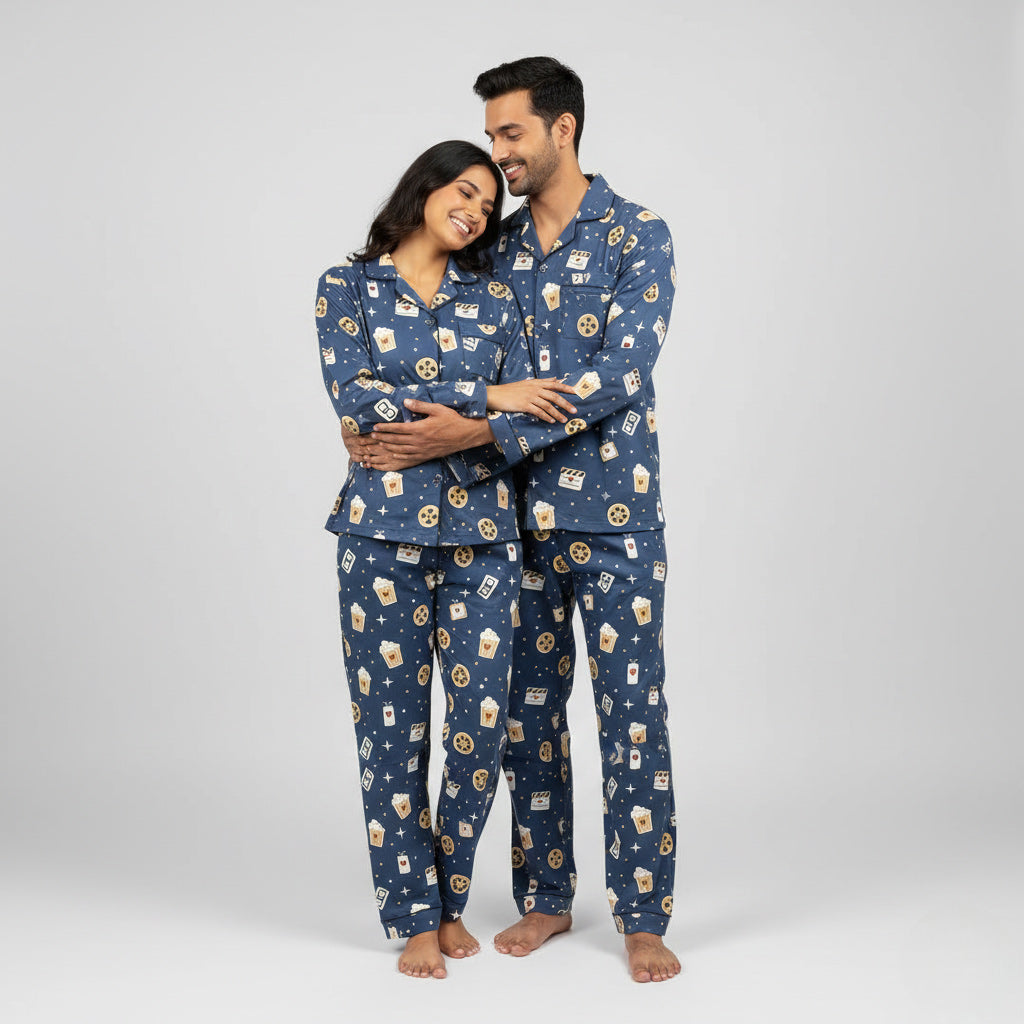 Cinema themed couple pajamas designed as matching his and her nightwear