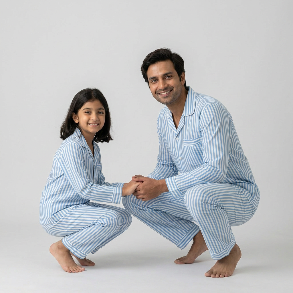 Aqua Blue Stripes Dad Daughter Pajama Set