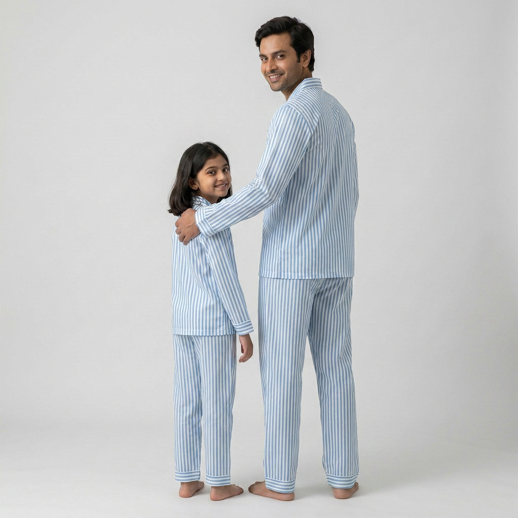 Aqua Blue Stripes Dad Daughter Pajama Set
