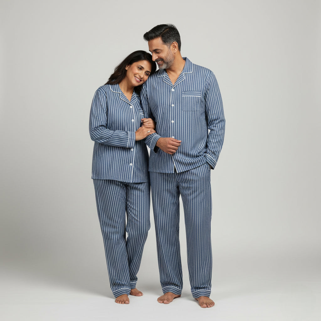 Couple nightwear set in classic blue striped cotton fabric.