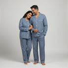 Couple nightwear set in classic blue striped cotton fabric.