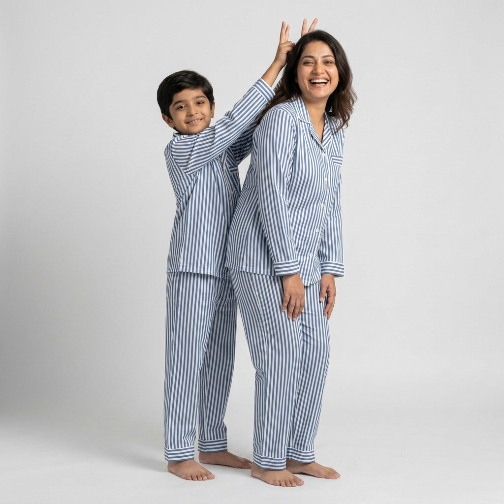 Blue Stripes Mom Son Pajama Set