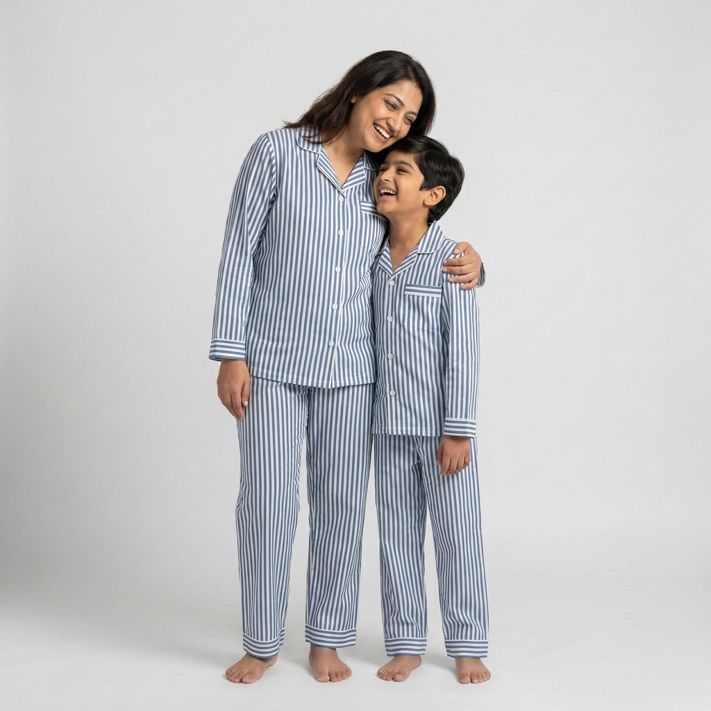 Blue Stripes Mom Son Pajama Set