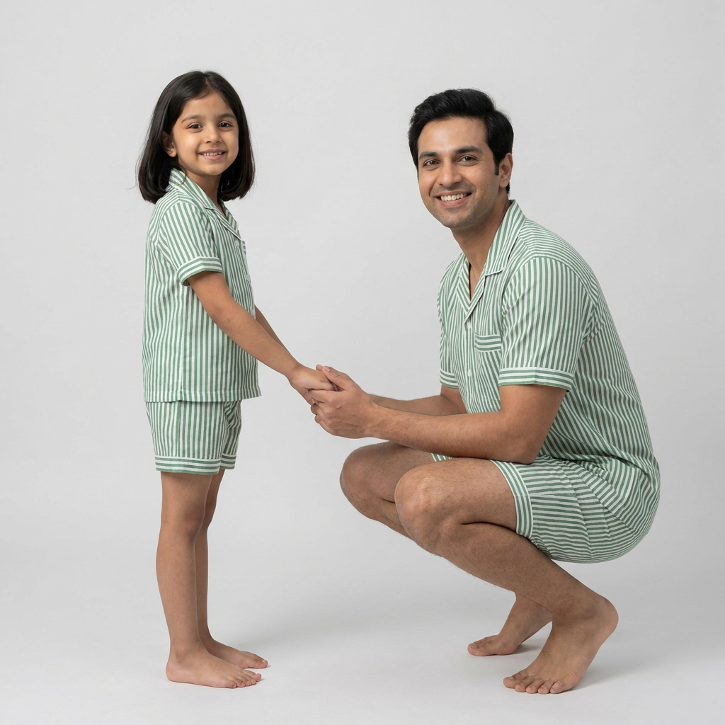 Green Stripes Father Daughter Shorts Set