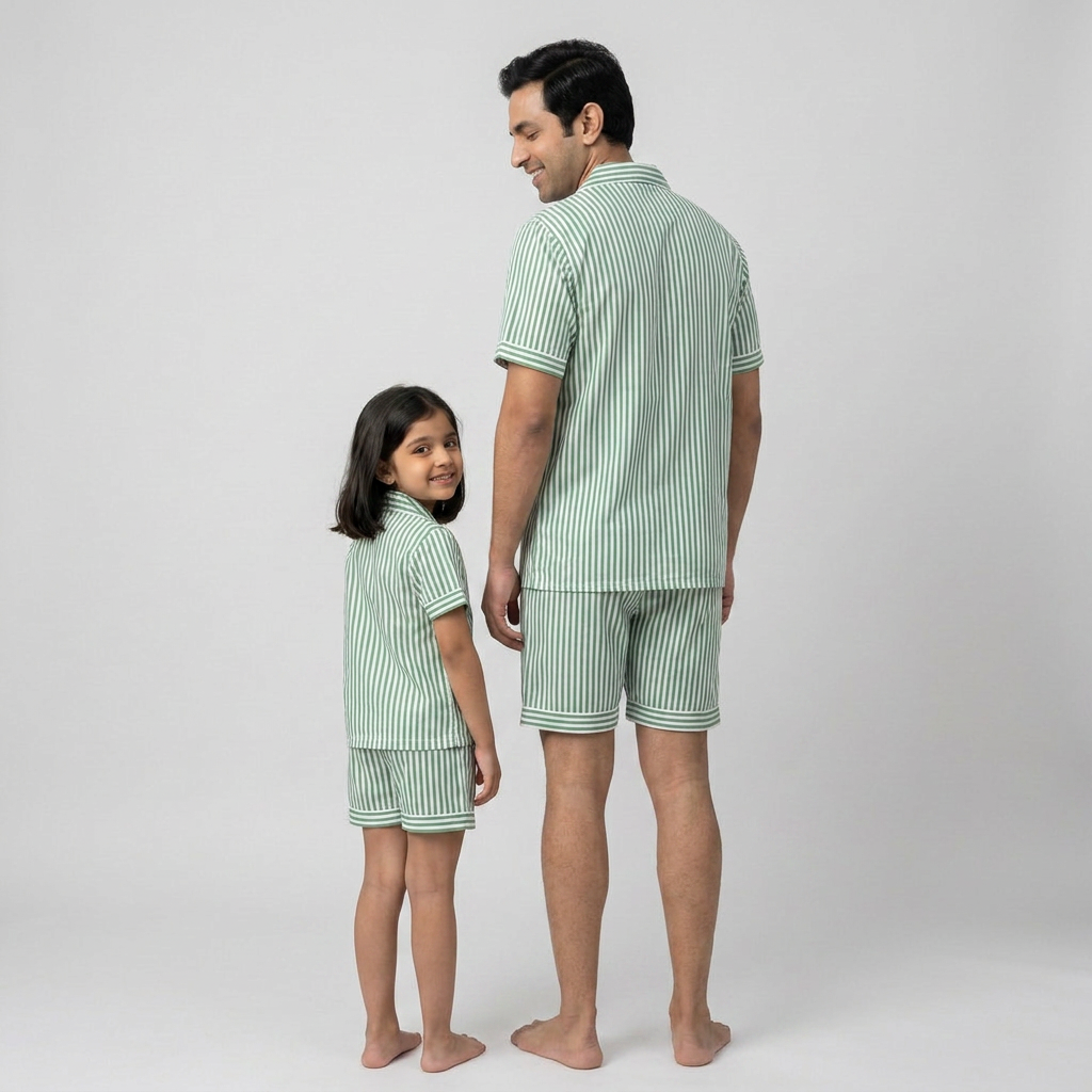 Green Stripes Father Daughter Shorts Set
