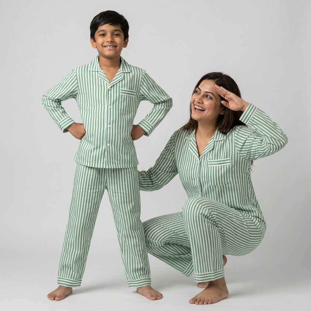 Green Stripes Mom And Son Night Suit
