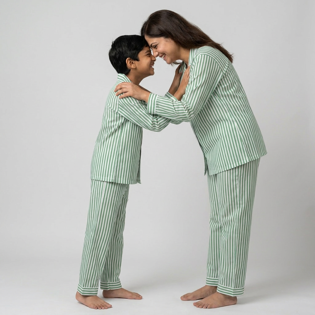 Green Stripes Mom And Son Night Suit