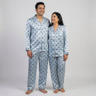 Matching Classic Motifs satin full-sleeve night suit for husband and wife