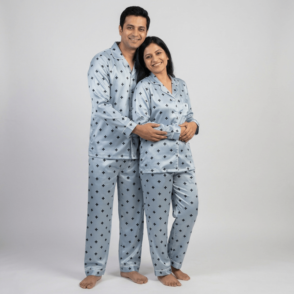 You and your partner twinning in Classic Motifs full-sleeve night suit by Pajama Tribe