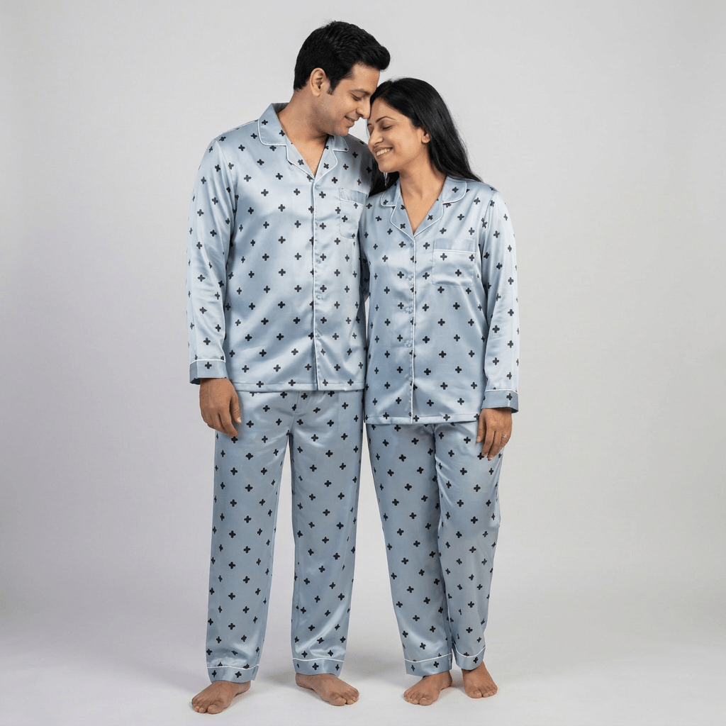 Classic Motifs matching full-sleeve night suit for you and your partner, styled together