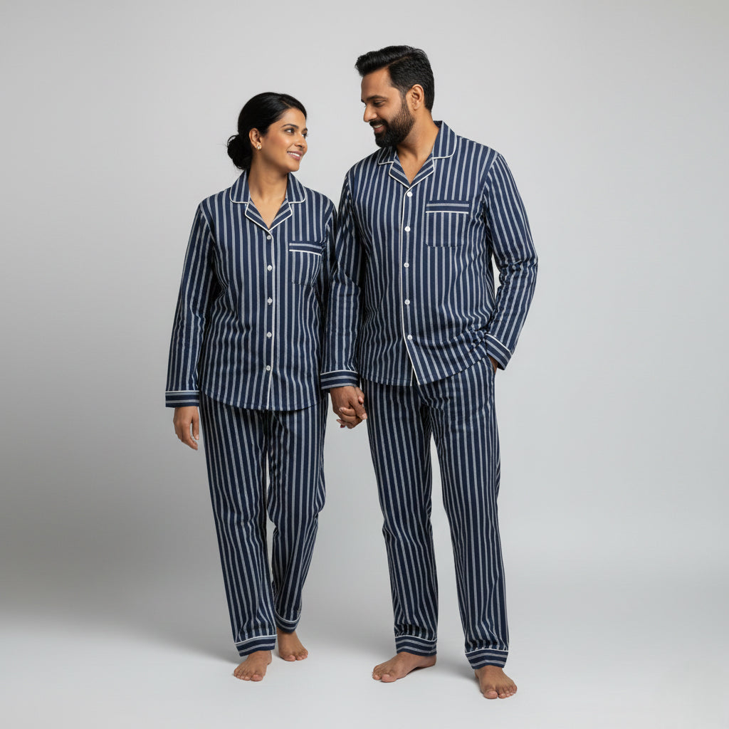 Matching couple pajamas in classic navy double stripe cotton.