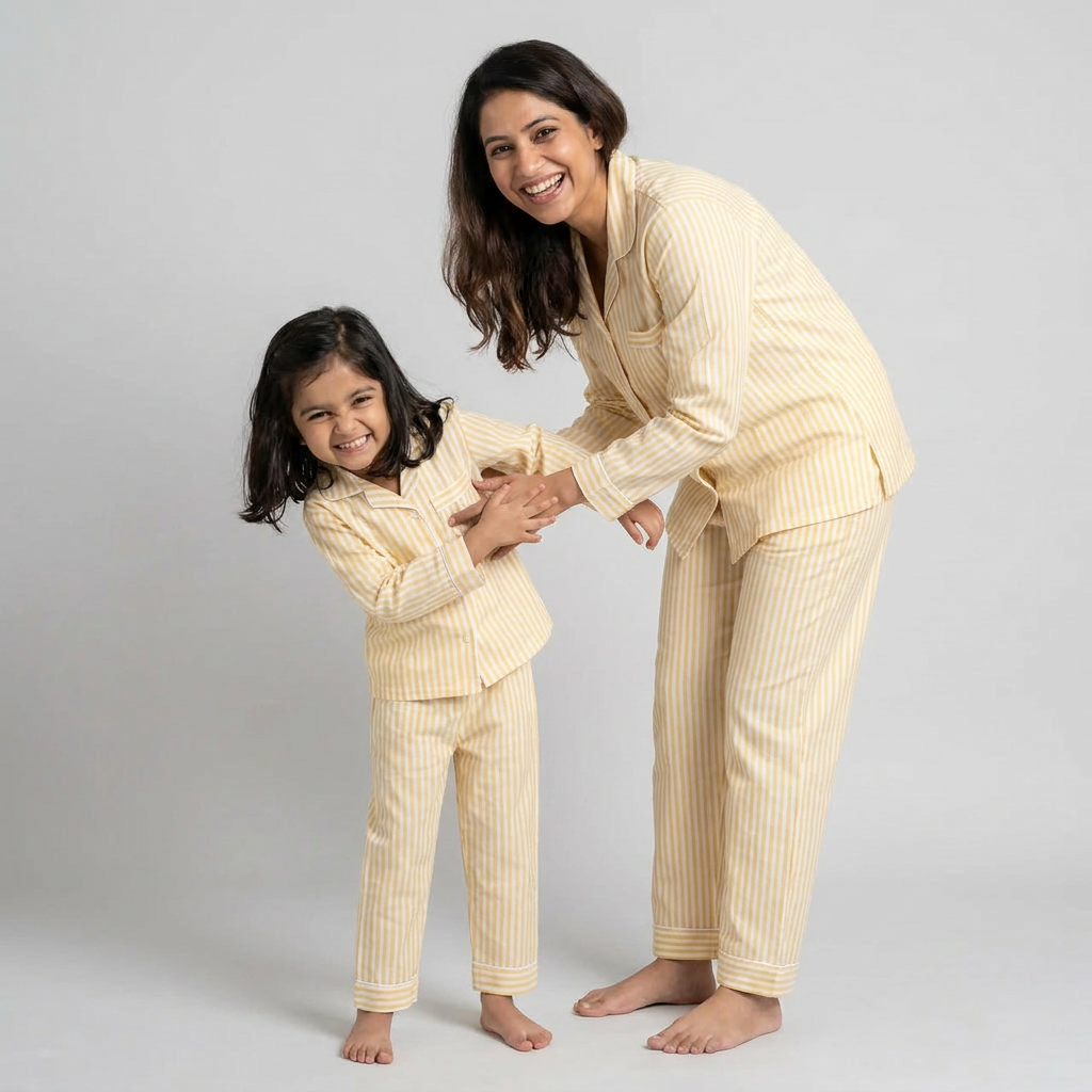 Pastel Yellow Stripes Mother Daughter Matching Set