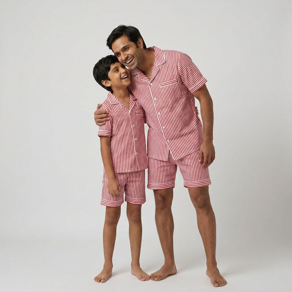 Red Stripes Dad And Son Shorts Set
