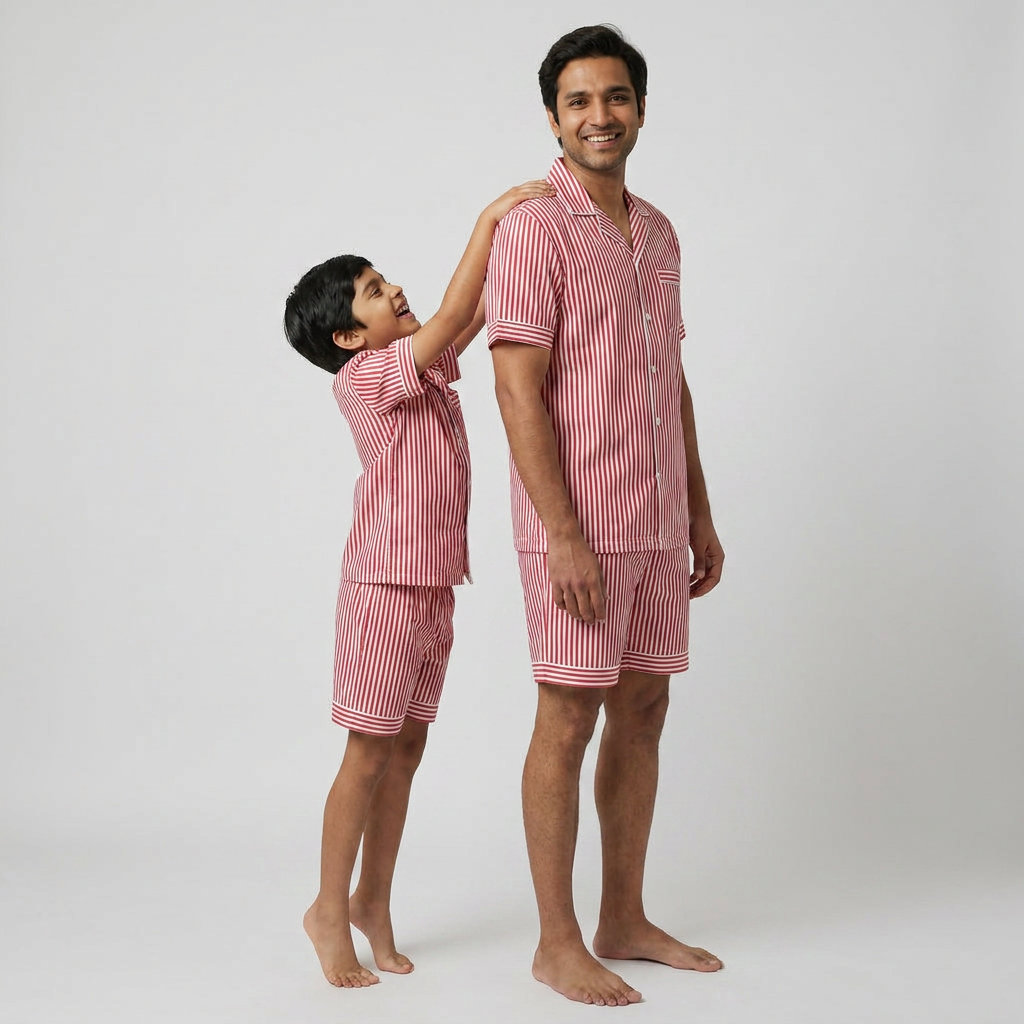 Red Stripes Dad And Son Shorts Set