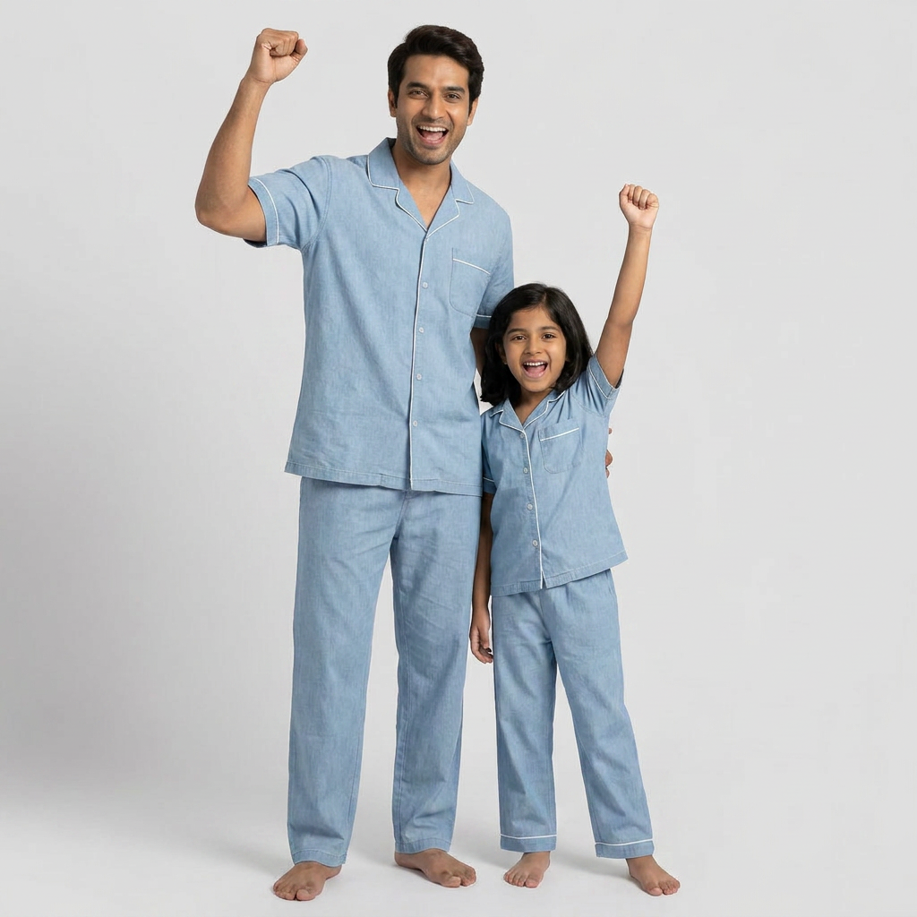 Cloud Blue Denim Father And Daughter Nightwear