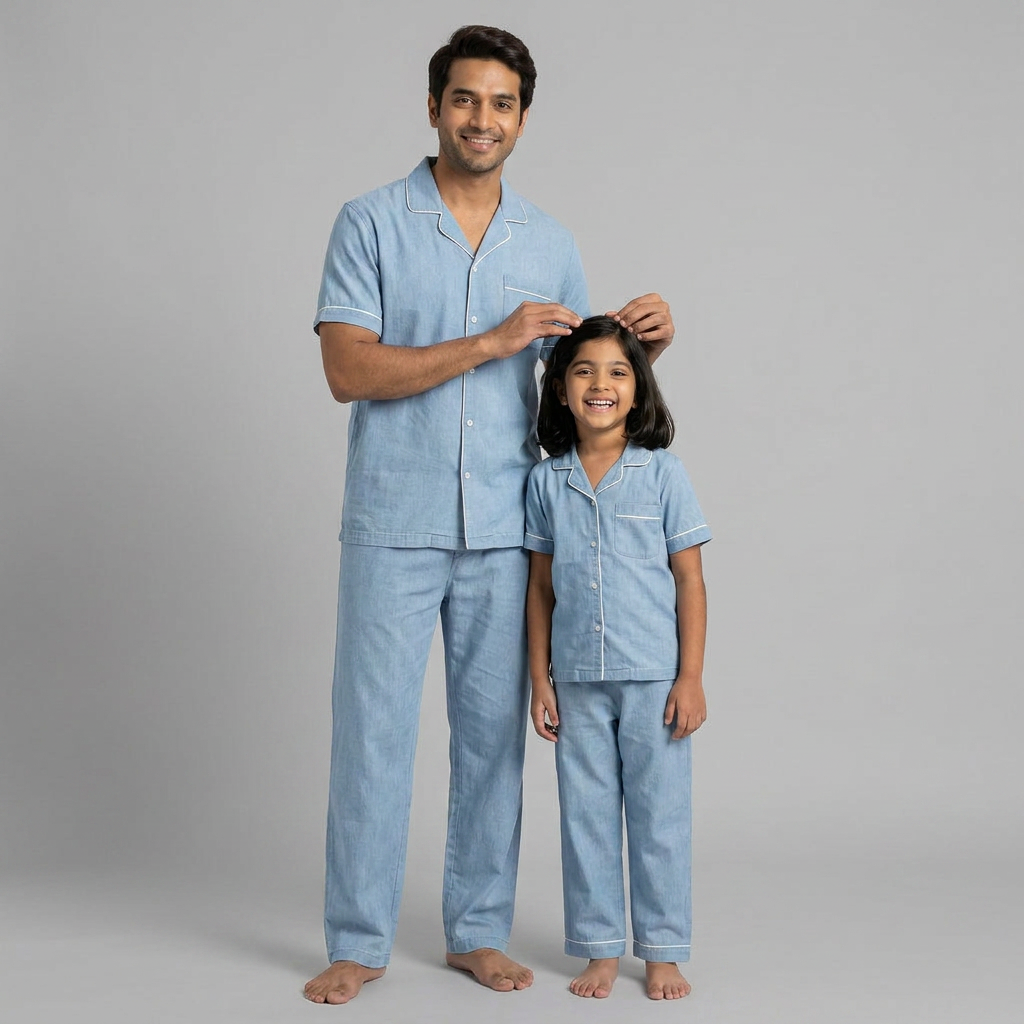 Cloud Blue Denim Father And Daughter Nightwear