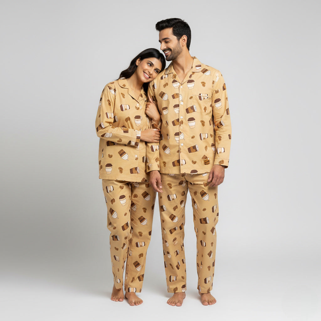 Coffee print couple nightwear set designed as matching his and her pajamas