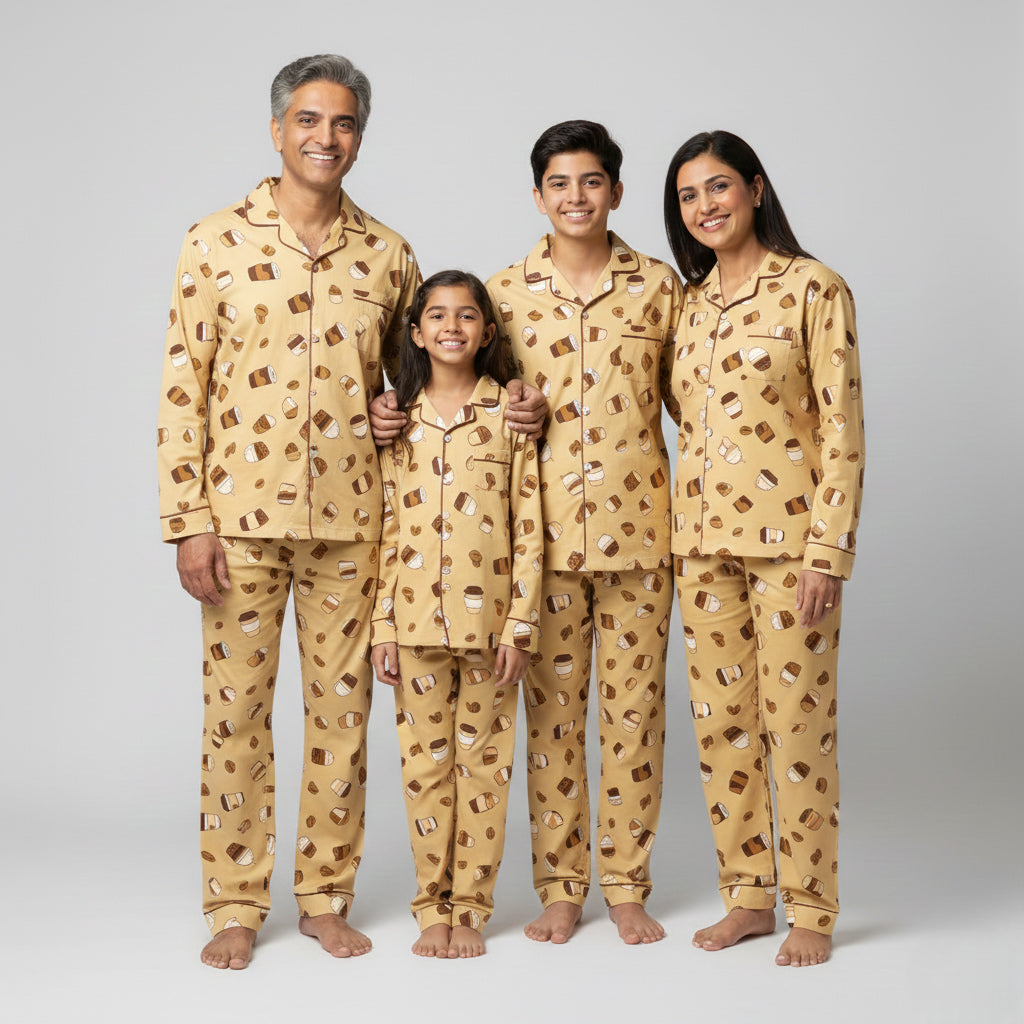 Coffee date comfort print family cotton night suit