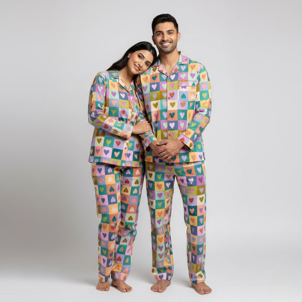 Colour block heart print couple pajamas styled as matching nightwear set