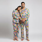 Colour block heart print couple pajamas styled as matching nightwear set
