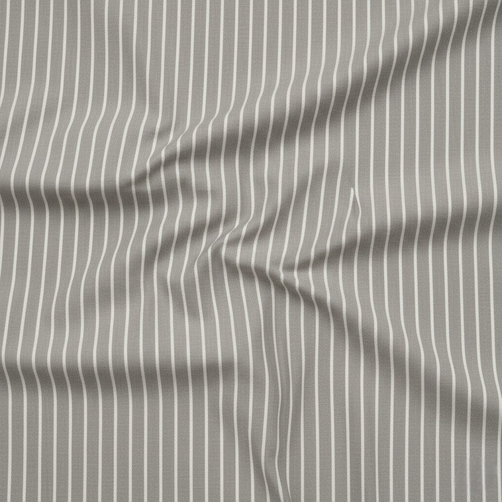 Cool grey cotton fabric with white stripe pattern