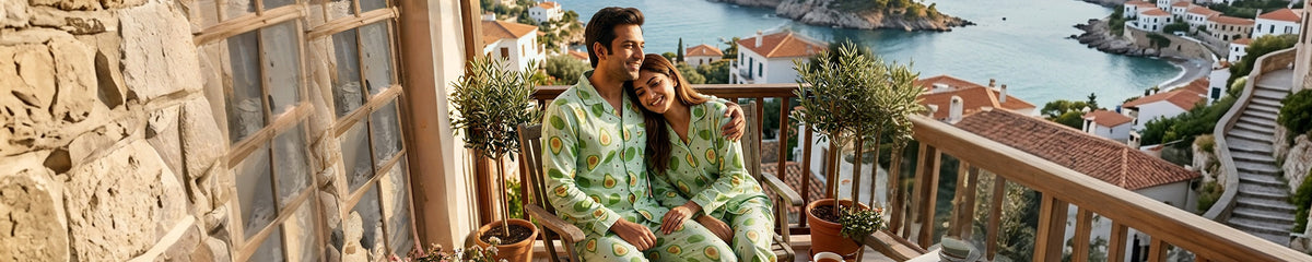 A couple wearing matching green and white patterned pajamas sitting together on a sunlit stone balcony overlooking a coastal town and sea.
