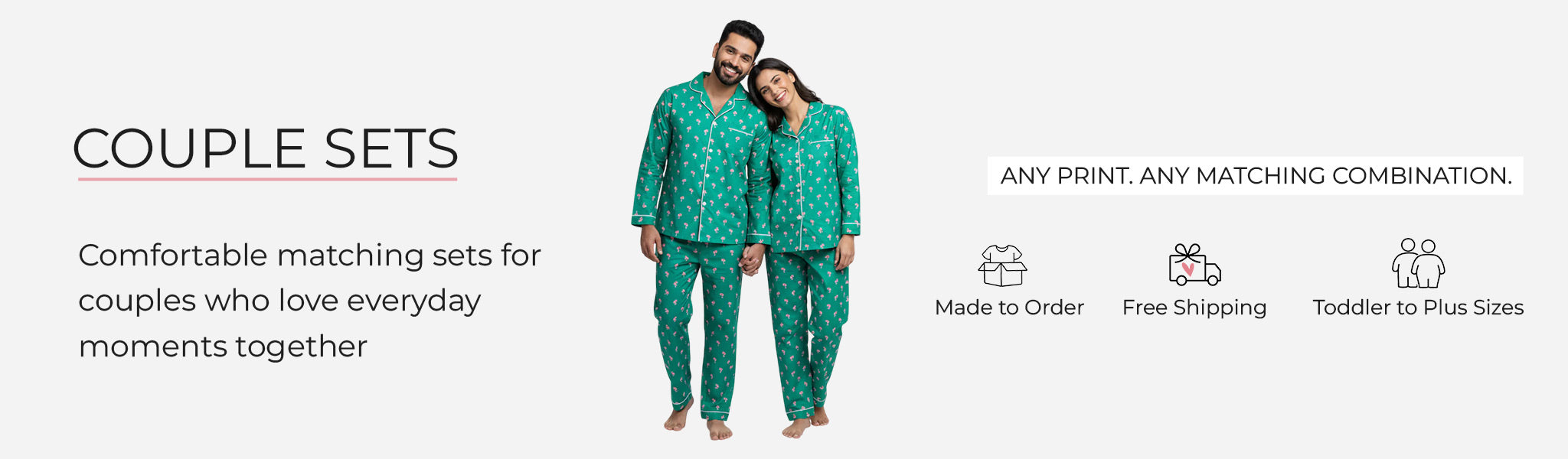 Couple wearing matching green printed sleepwear from Pajama Tribe couple sets collection