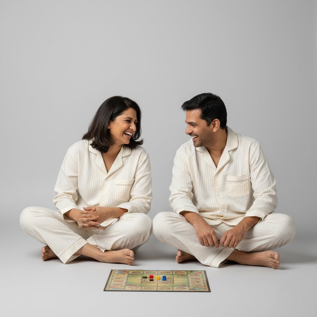 Matching couple cotton sleep set in soft cream sand stripes.