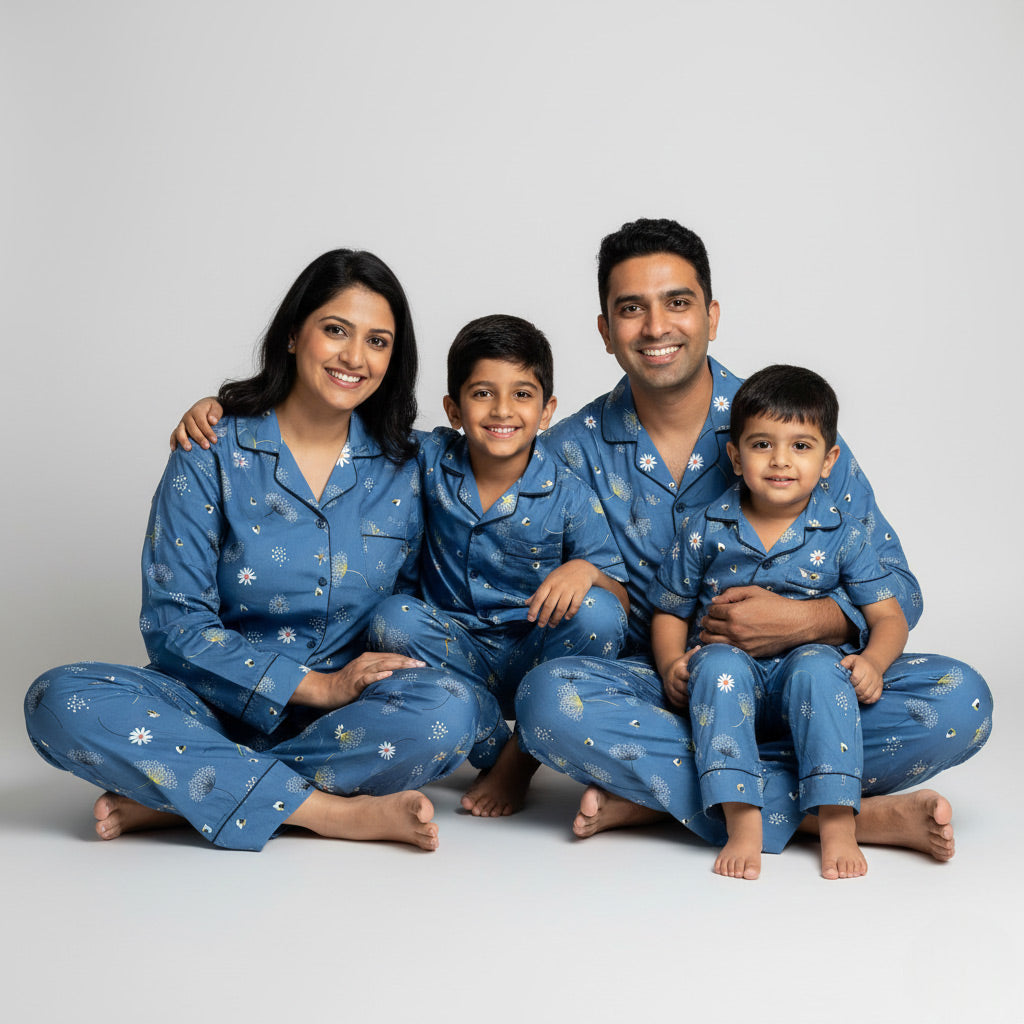 Family in dandelion print matching pajama set, subtle coordinated nightwear.