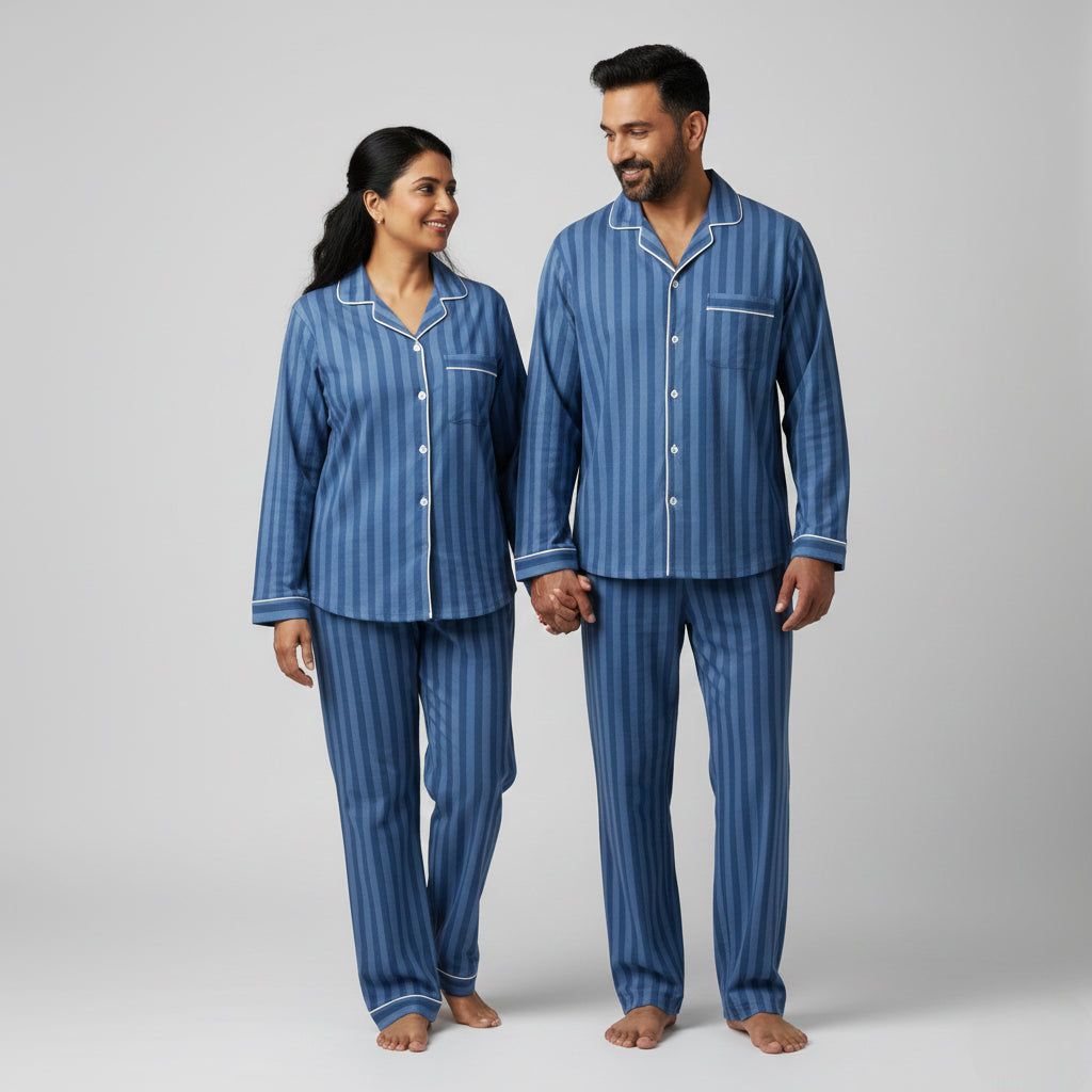 Matching couple cotton pajamas in deep indigo stripe pattern.
